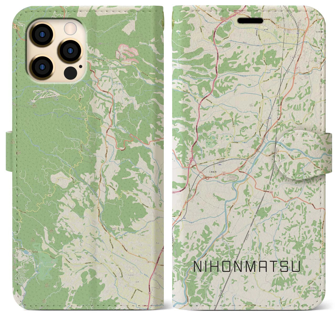 【二本松(福島県)】地図柄iPhoneケース(手帳タイプ)ナチュラル・iPhone 12 Pro Max 用