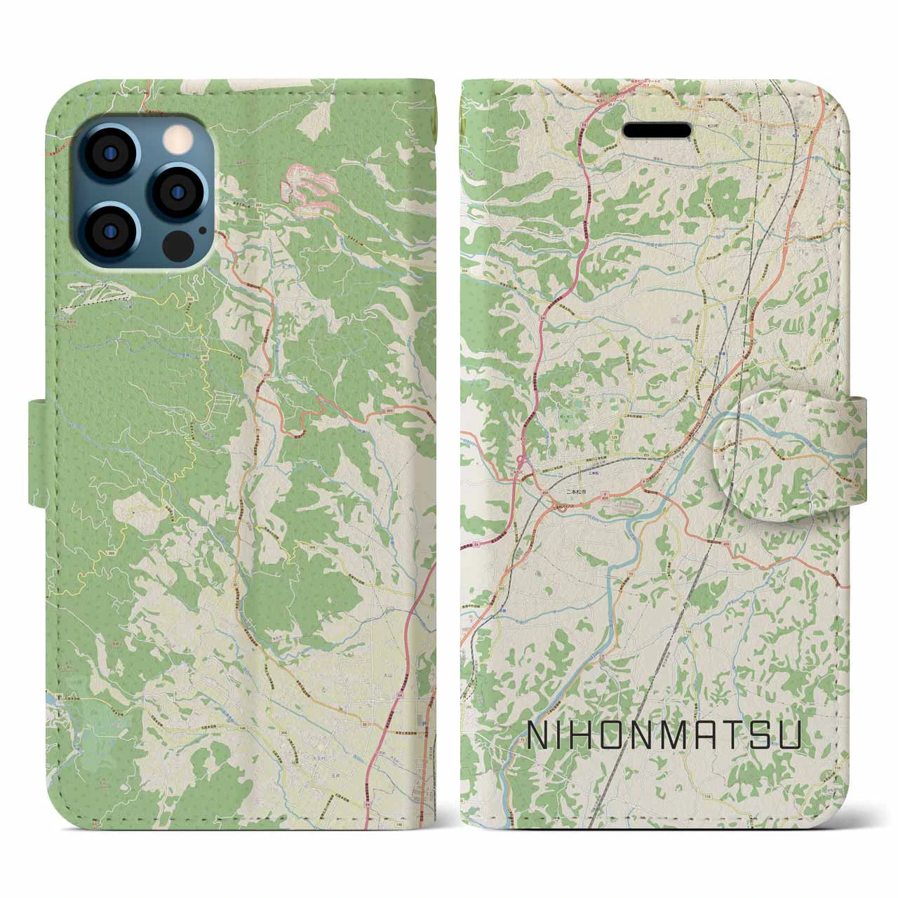 【二本松(福島県)】地図柄iPhoneケース(手帳タイプ)ナチュラル・iPhone 12 / 12 Pro 用