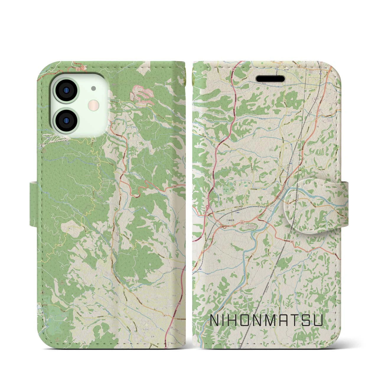 【二本松(福島県)】地図柄iPhoneケース(手帳タイプ)ナチュラル・iPhone 12 mini 用