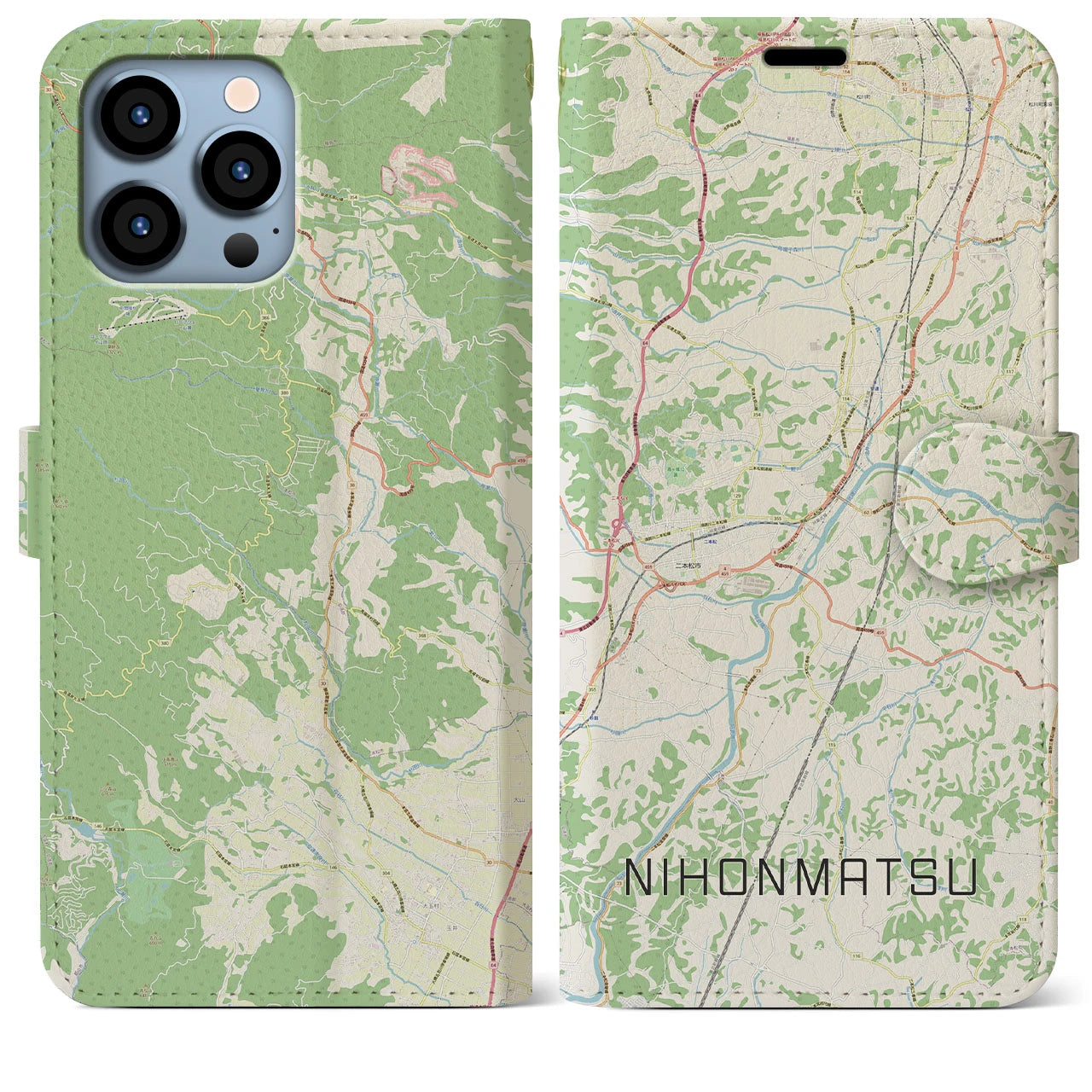 【二本松(福島県)】地図柄iPhoneケース(手帳タイプ)ナチュラル・iPhone 13 Pro Max 用