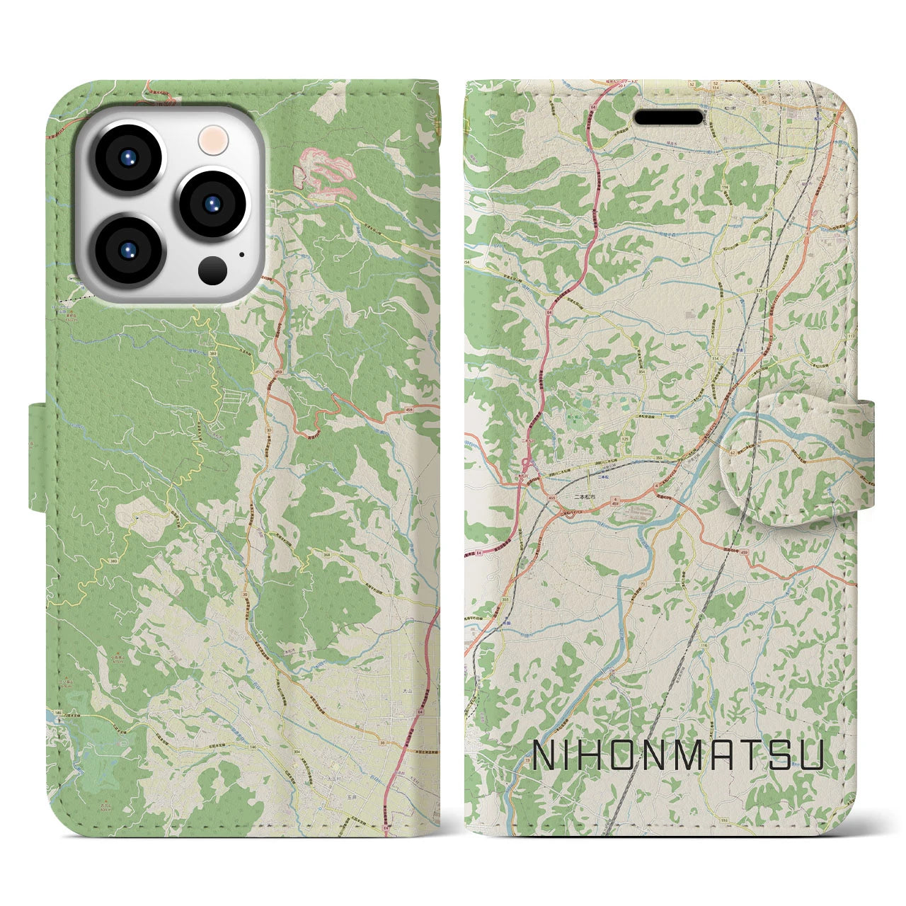 【二本松(福島県)】地図柄iPhoneケース(手帳タイプ)ナチュラル・iPhone 13 Pro 用