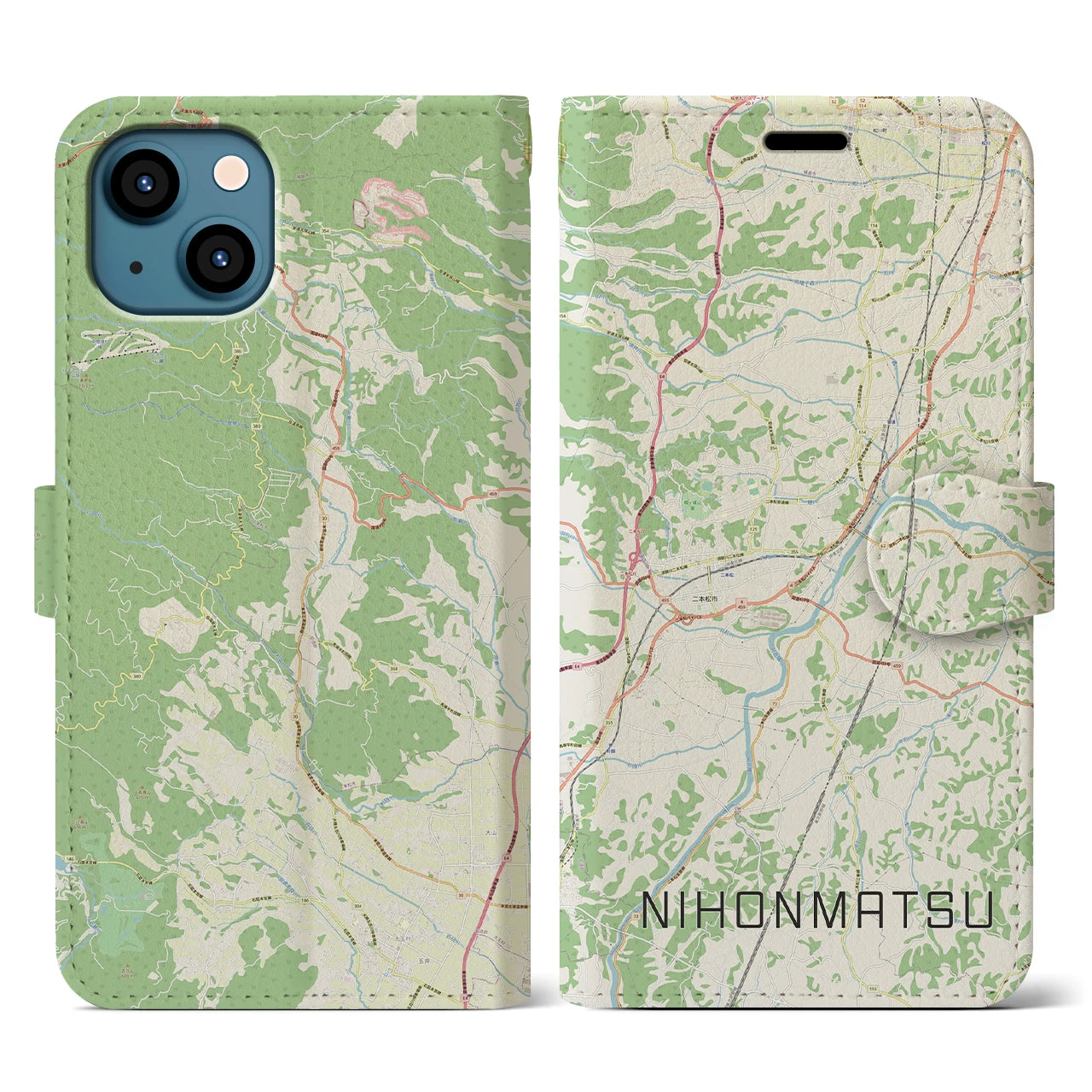 【二本松(福島県)】地図柄iPhoneケース(手帳タイプ)ナチュラル・iPhone 13 用