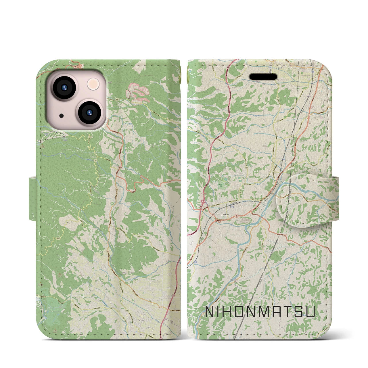【二本松(福島県)】地図柄iPhoneケース(手帳タイプ)ナチュラル・iPhone 13 mini 用