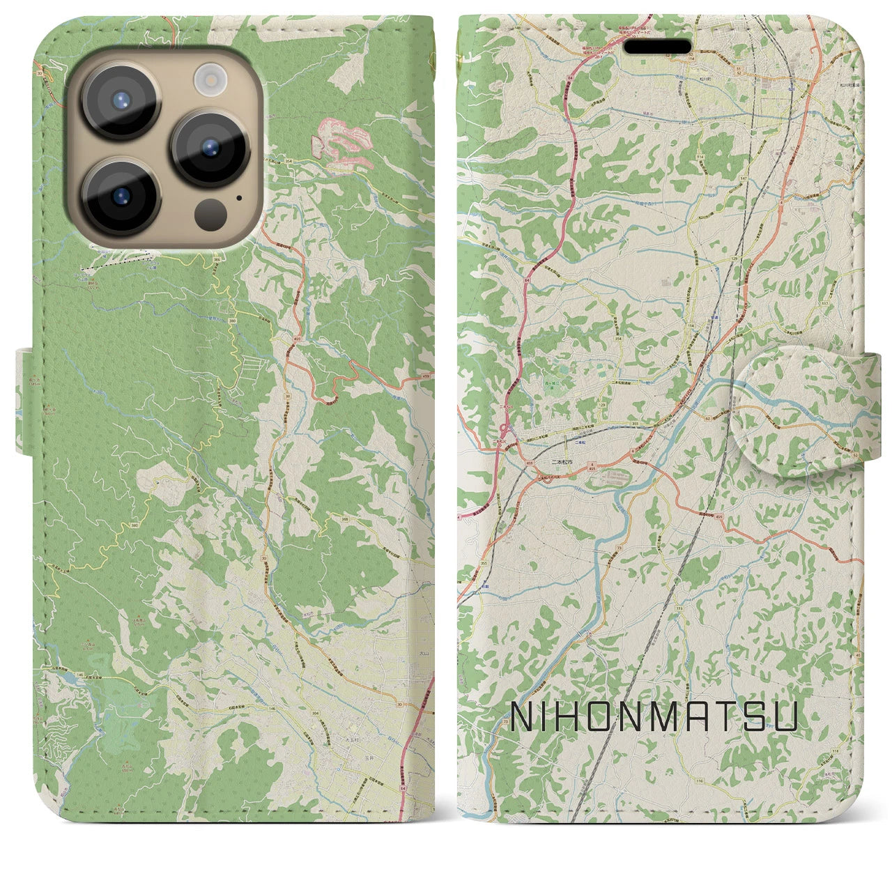 【二本松(福島県)】地図柄iPhoneケース(手帳タイプ)ナチュラル・iPhone 14 Pro Max 用