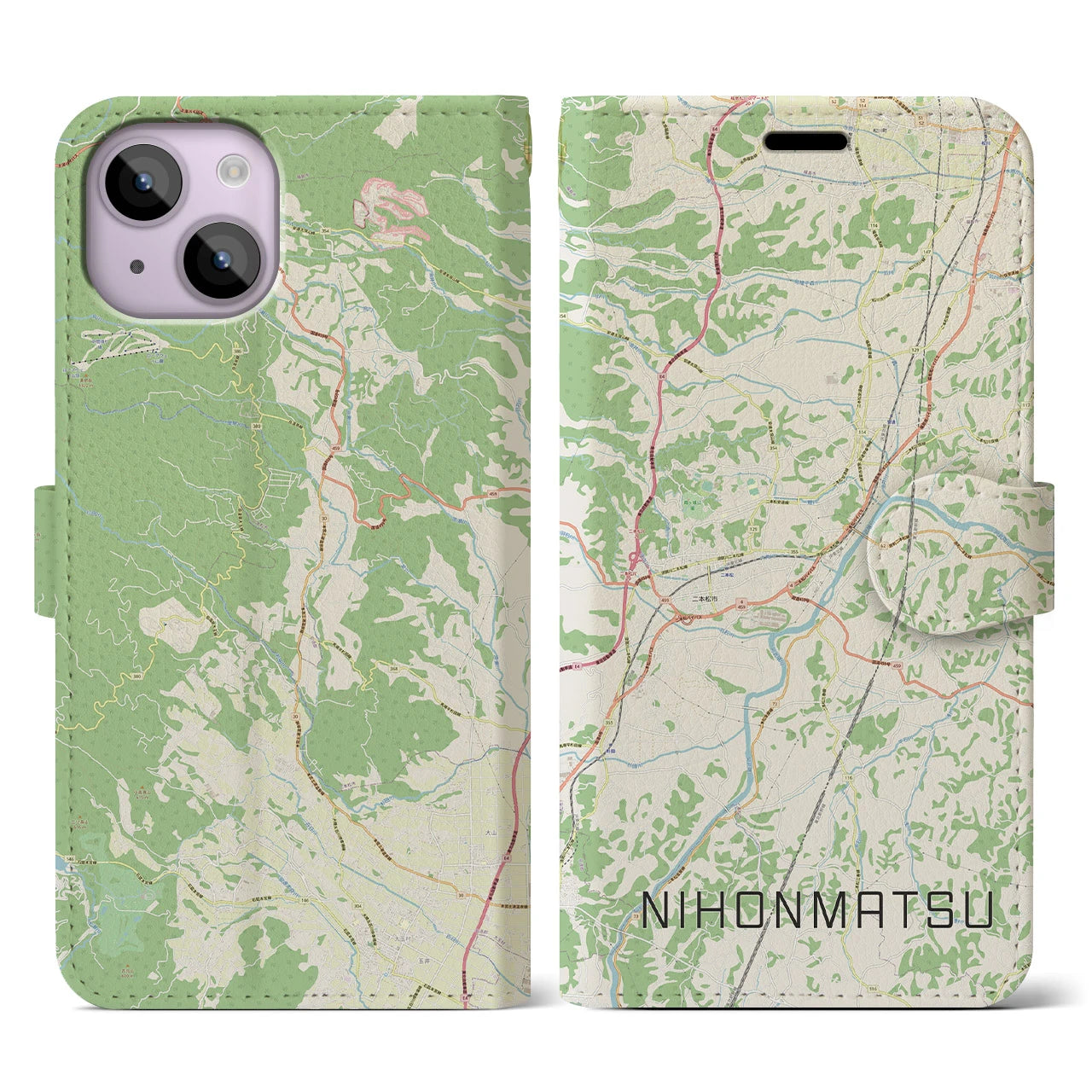【二本松(福島県)】地図柄iPhoneケース(手帳タイプ)ナチュラル・iPhone 14 用