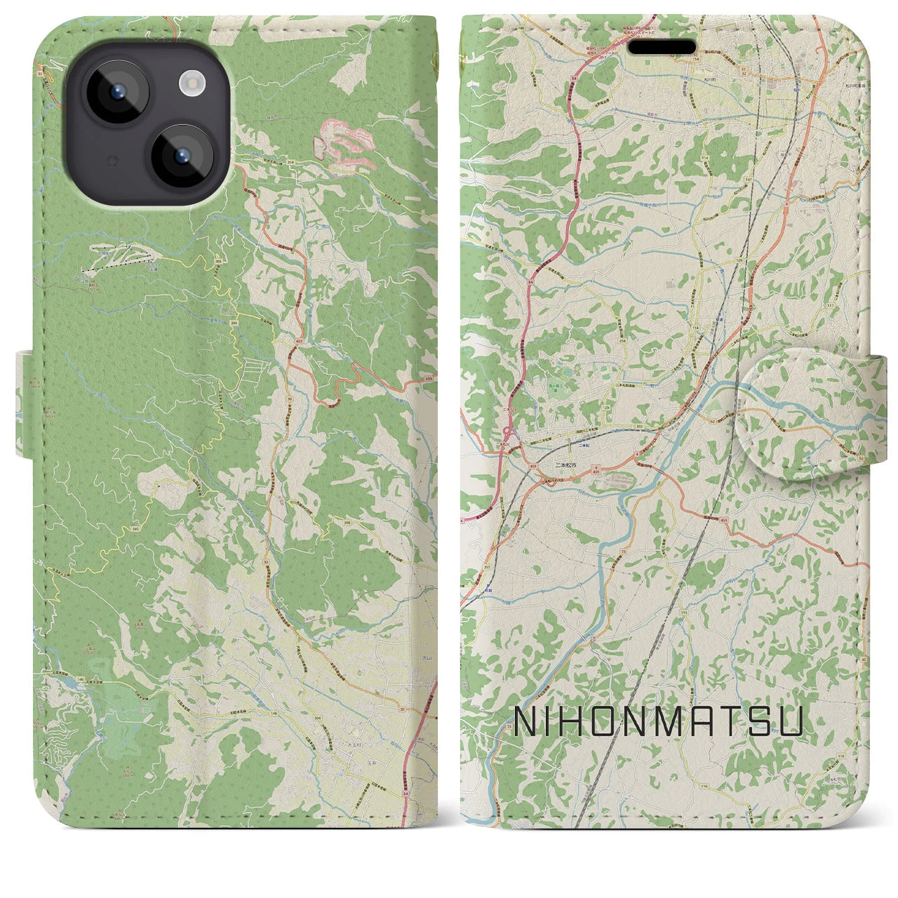 【二本松(福島県)】地図柄iPhoneケース(手帳タイプ)ナチュラル・iPhone 14 Plus 用
