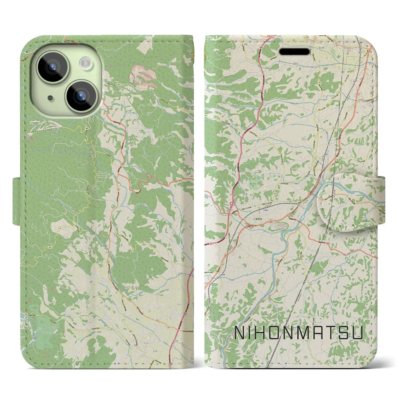 【二本松(福島県)】地図柄iPhoneケース(手帳タイプ)ナチュラル・iPhone 15 用