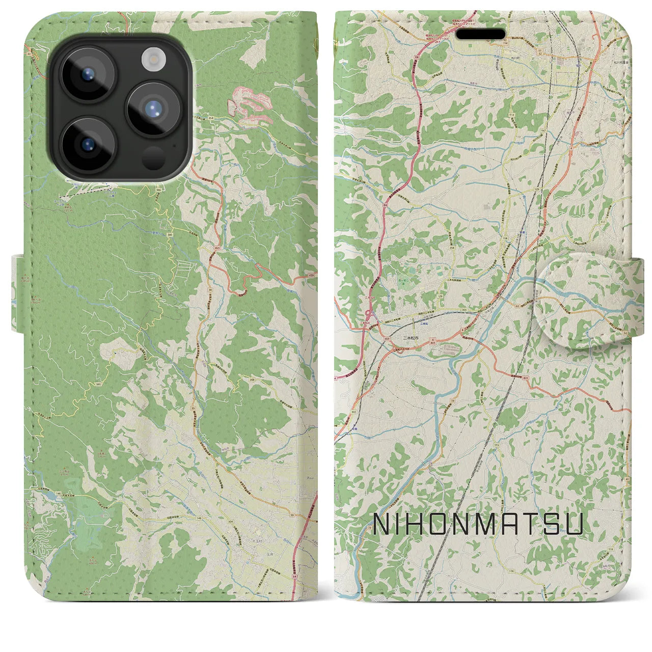 【二本松(福島県)】地図柄iPhoneケース(手帳タイプ)ナチュラル・iPhone 15 Pro Max 用