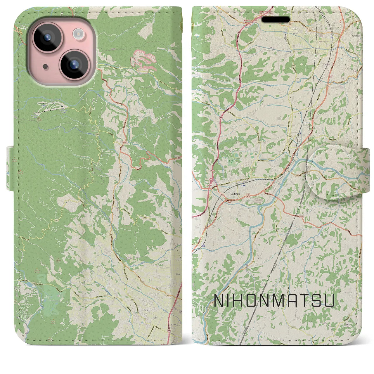 【二本松(福島県)】地図柄iPhoneケース(手帳タイプ)ナチュラル・iPhone 15 Plus 用