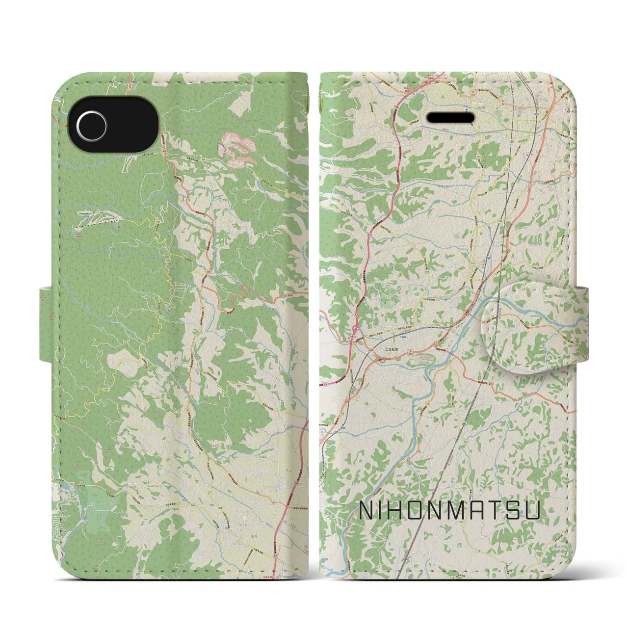 【二本松(福島県)】地図柄iPhoneケース(手帳タイプ)ナチュラル・iPhone SE(第3 / 第2世代) / 8 / 7 / 6s / 6 用