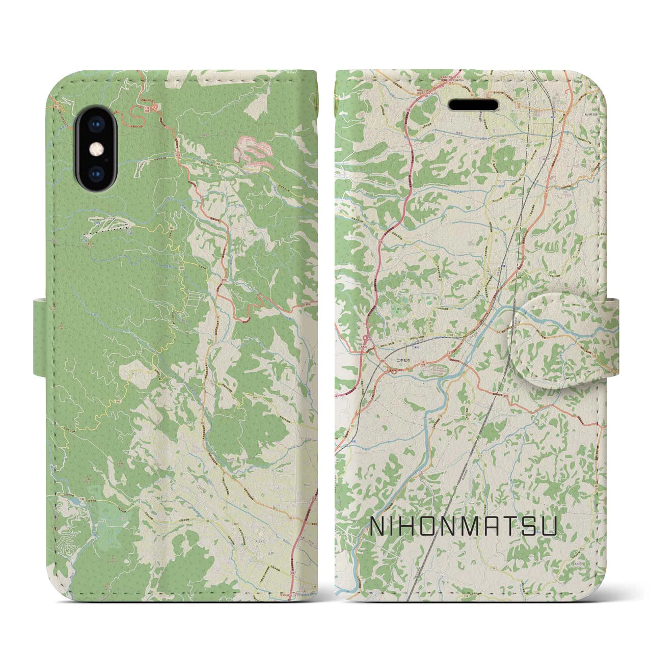 【二本松(福島県)】地図柄iPhoneケース(手帳タイプ)ナチュラル・iPhone XS / X 用