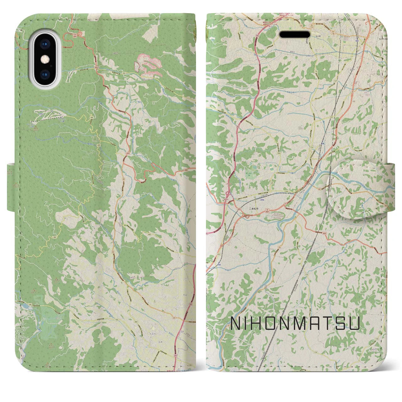 【二本松(福島県)】地図柄iPhoneケース(手帳タイプ)ナチュラル・iPhone XS Max 用