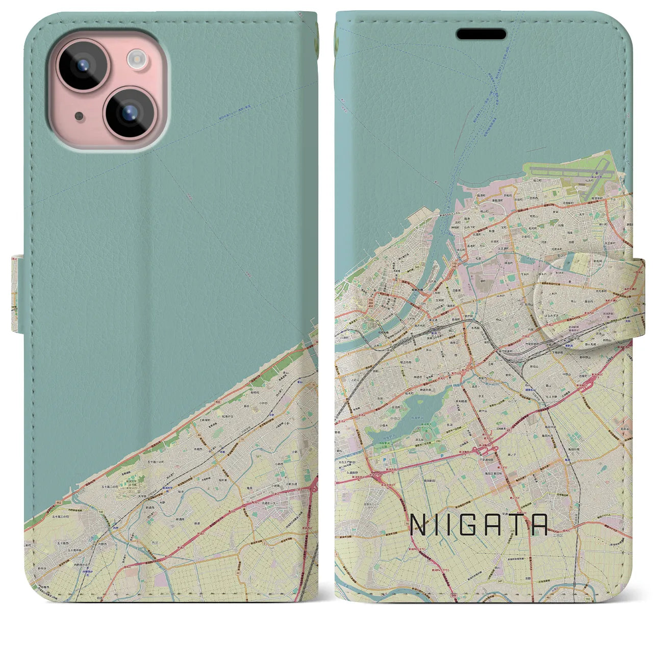 【新潟(新潟県)】地図柄iPhoneケース(手帳タイプ)ナチュラル・iPhone 15 Plus 用