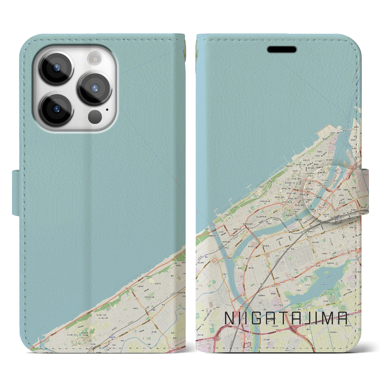 【新潟島(新潟県)】地図柄iPhoneケース(手帳タイプ)ナチュラル・iPhone 14 Pro 用