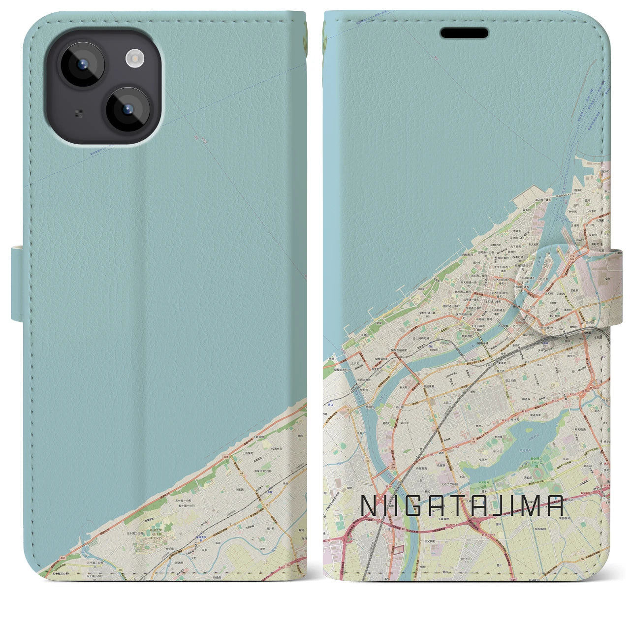 【新潟島(新潟県)】地図柄iPhoneケース(手帳タイプ)ナチュラル・iPhone 14 Plus 用
