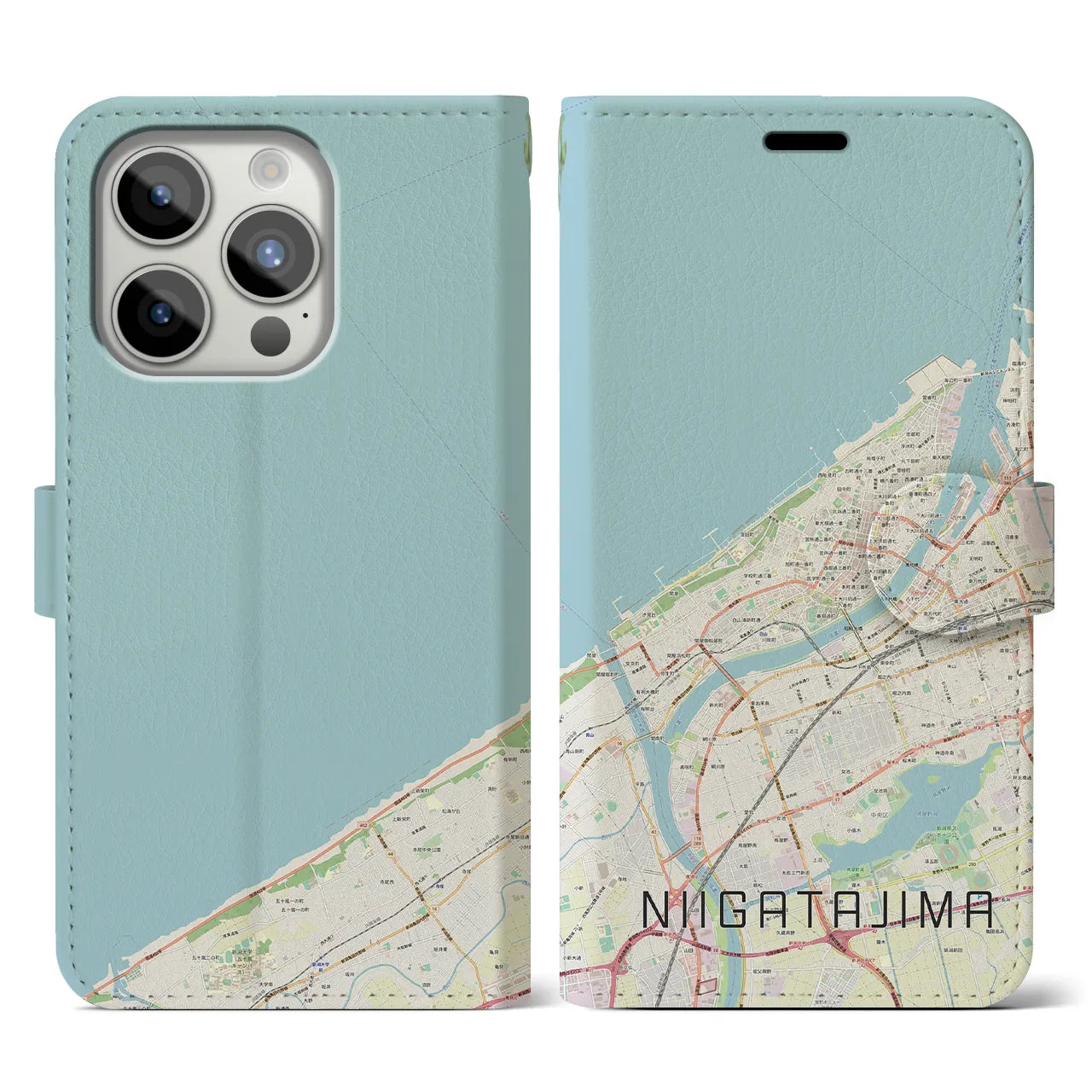 【新潟島(新潟県)】地図柄iPhoneケース(手帳タイプ)ナチュラル・iPhone 15 Pro 用