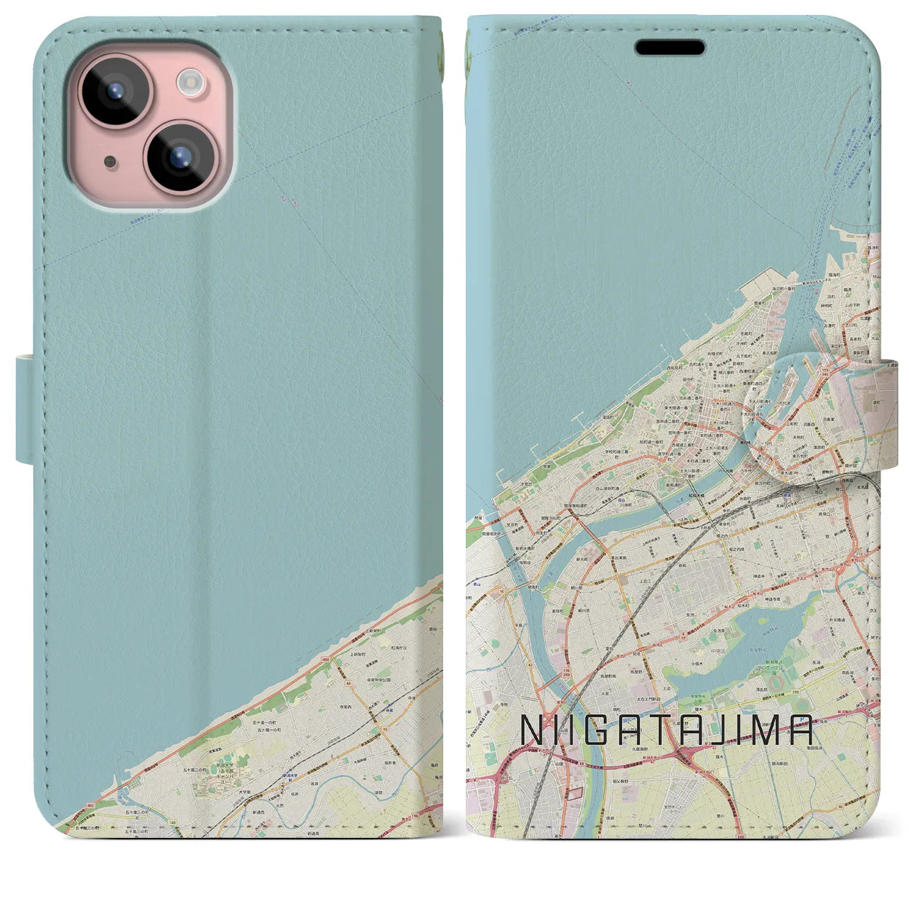 【新潟島(新潟県)】地図柄iPhoneケース(手帳タイプ)ナチュラル・iPhone 15 Plus 用