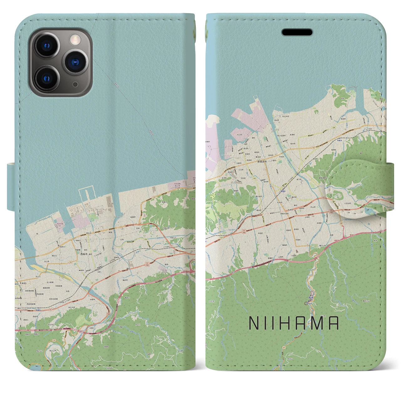 【新居浜(愛媛県)】地図柄iPhoneケース(手帳タイプ)ナチュラル・iPhone 11 Pro Max 用