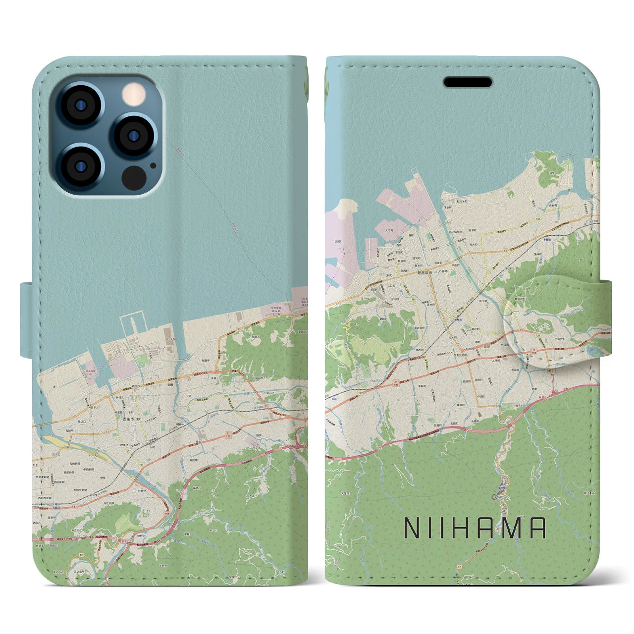 【新居浜(愛媛県)】地図柄iPhoneケース(手帳タイプ)ナチュラル・iPhone 12 / 12 Pro 用