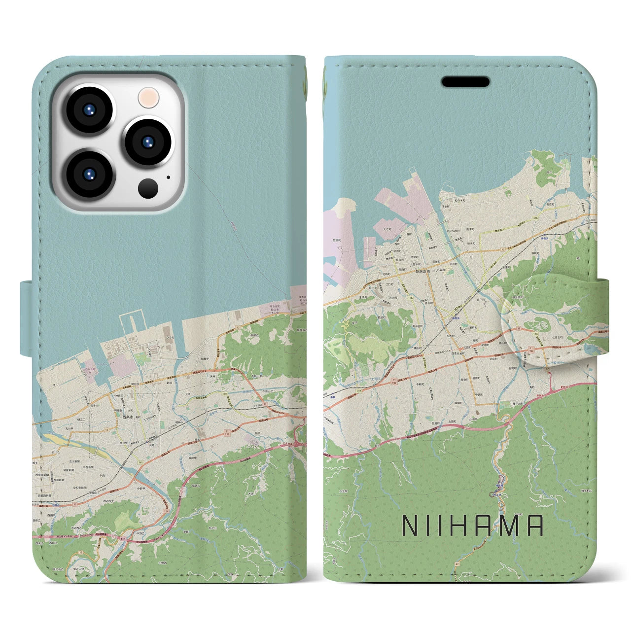 【新居浜(愛媛県)】地図柄iPhoneケース(手帳タイプ)ナチュラル・iPhone 13 Pro 用