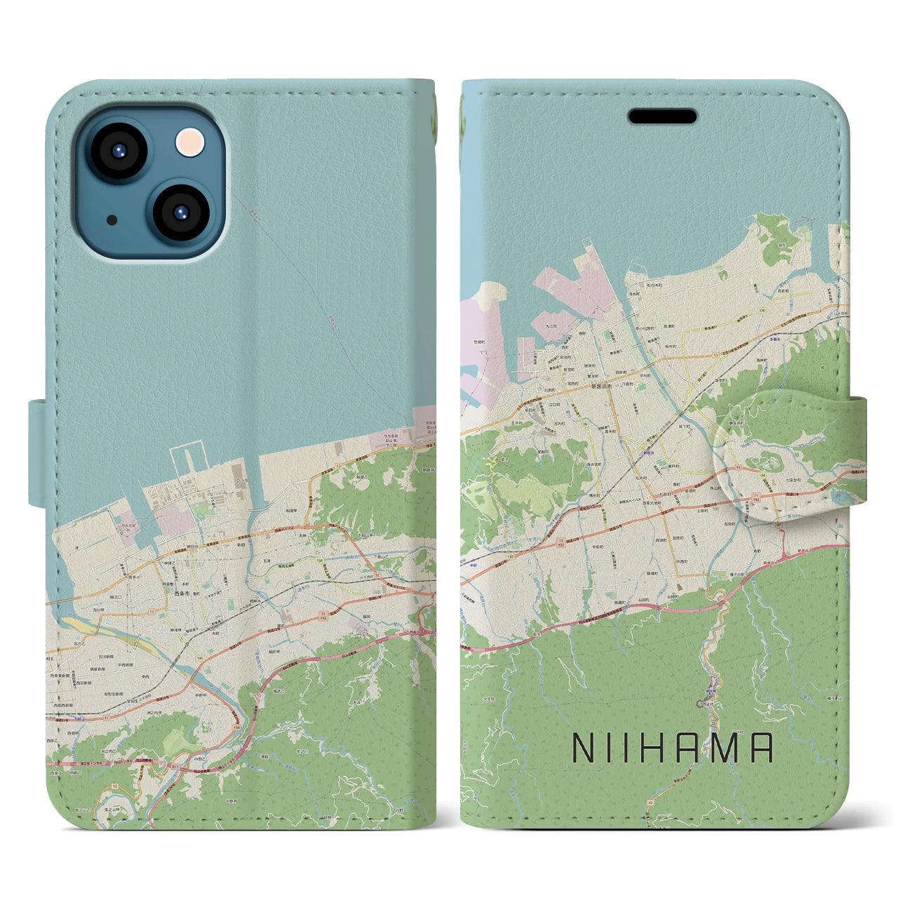 【新居浜(愛媛県)】地図柄iPhoneケース(手帳タイプ)ナチュラル・iPhone 13 用