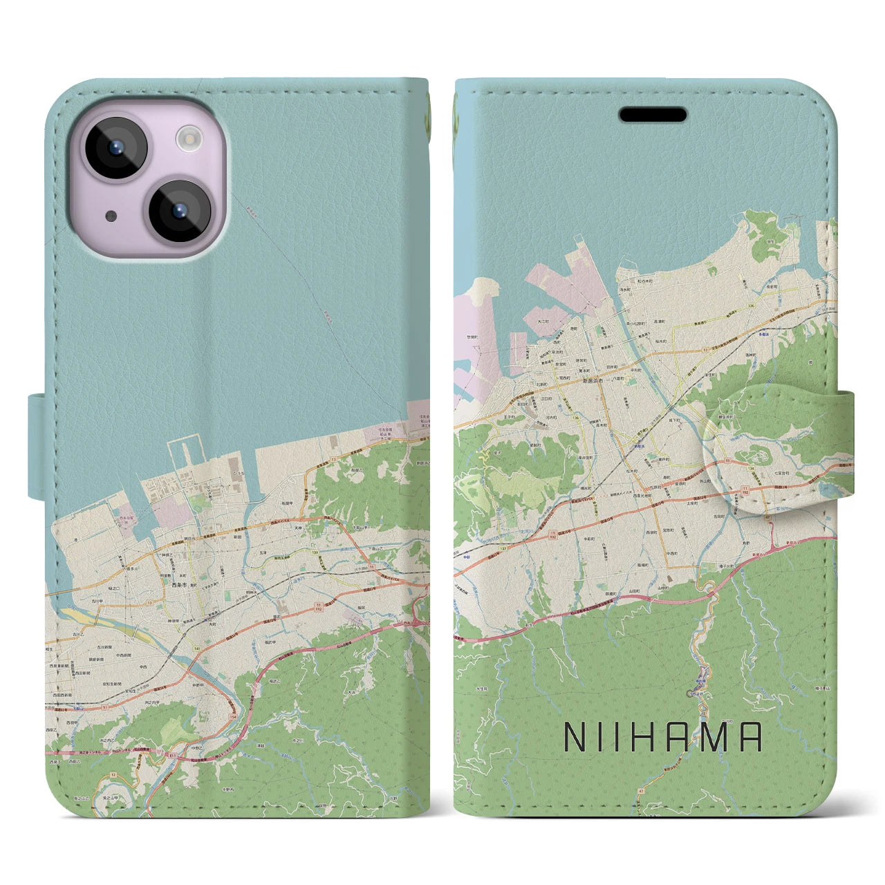 【新居浜(愛媛県)】地図柄iPhoneケース(手帳タイプ)ナチュラル・iPhone 14 用