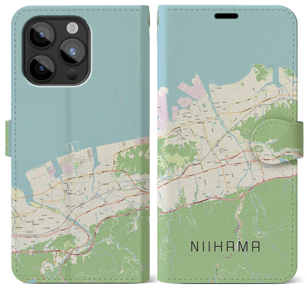【新居浜(愛媛県)】地図柄iPhoneケース(手帳タイプ)ナチュラル・iPhone 15 Pro Max 用