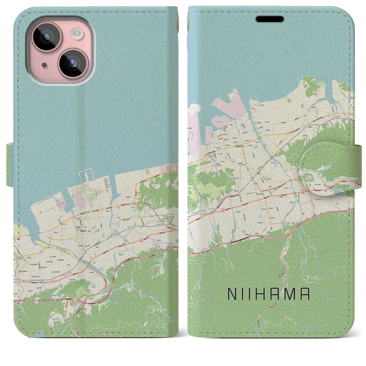 【新居浜(愛媛県)】地図柄iPhoneケース(手帳タイプ)ナチュラル・iPhone 15 Plus 用