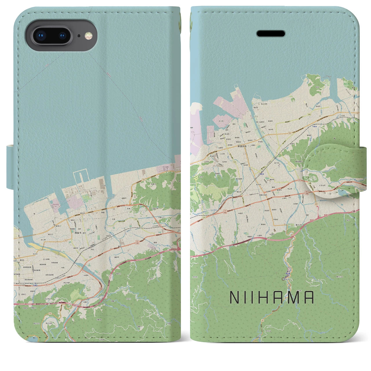 【新居浜(愛媛県)】地図柄iPhoneケース(手帳タイプ)ナチュラル・iPhone 8Plus /7Plus / 6sPlus / 6Plus 用