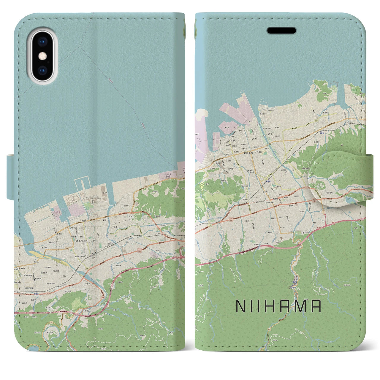 【新居浜(愛媛県)】地図柄iPhoneケース(手帳タイプ)ナチュラル・iPhone XS Max 用