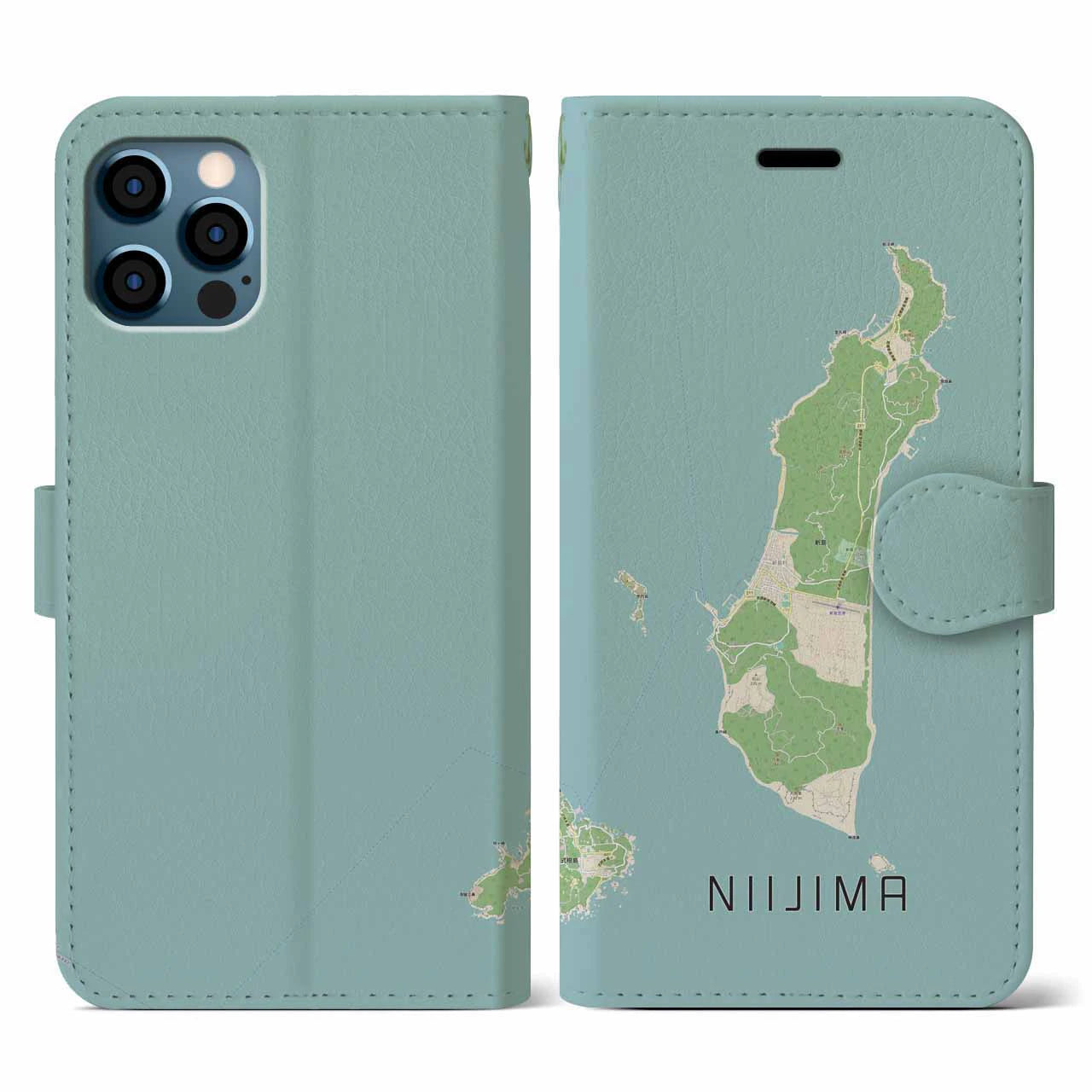 【新島(東京都)】地図柄iPhoneケース(手帳タイプ)ナチュラル・iPhone 12 / 12 Pro 用