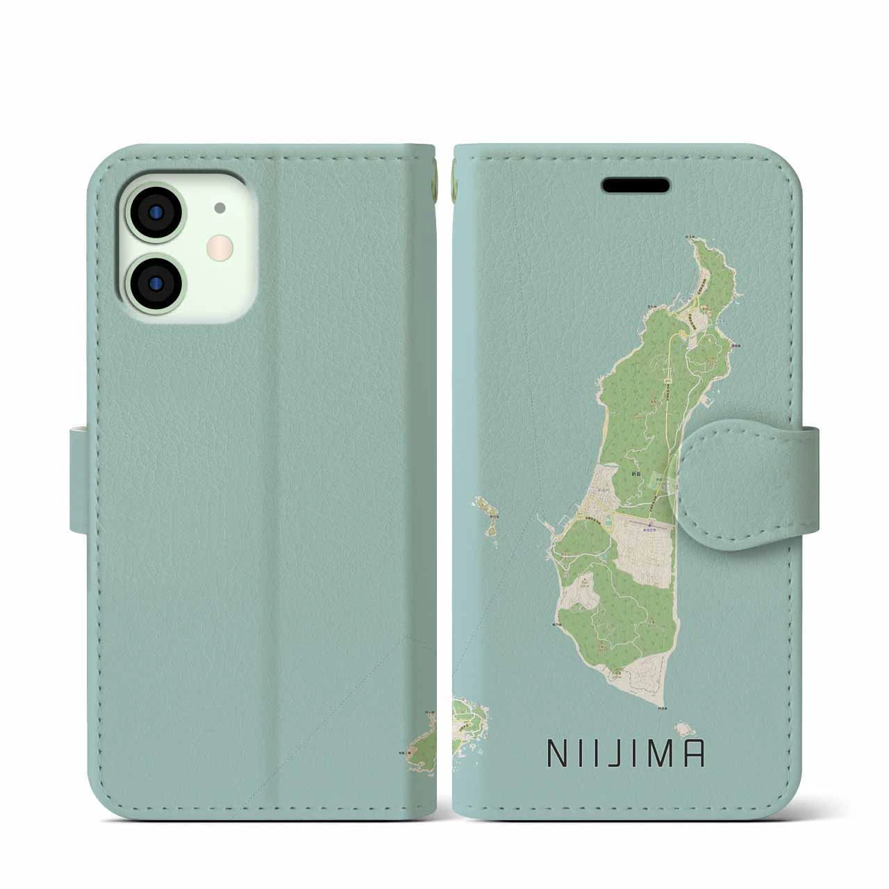 【新島(東京都)】地図柄iPhoneケース(手帳タイプ)ナチュラル・iPhone 12 mini 用