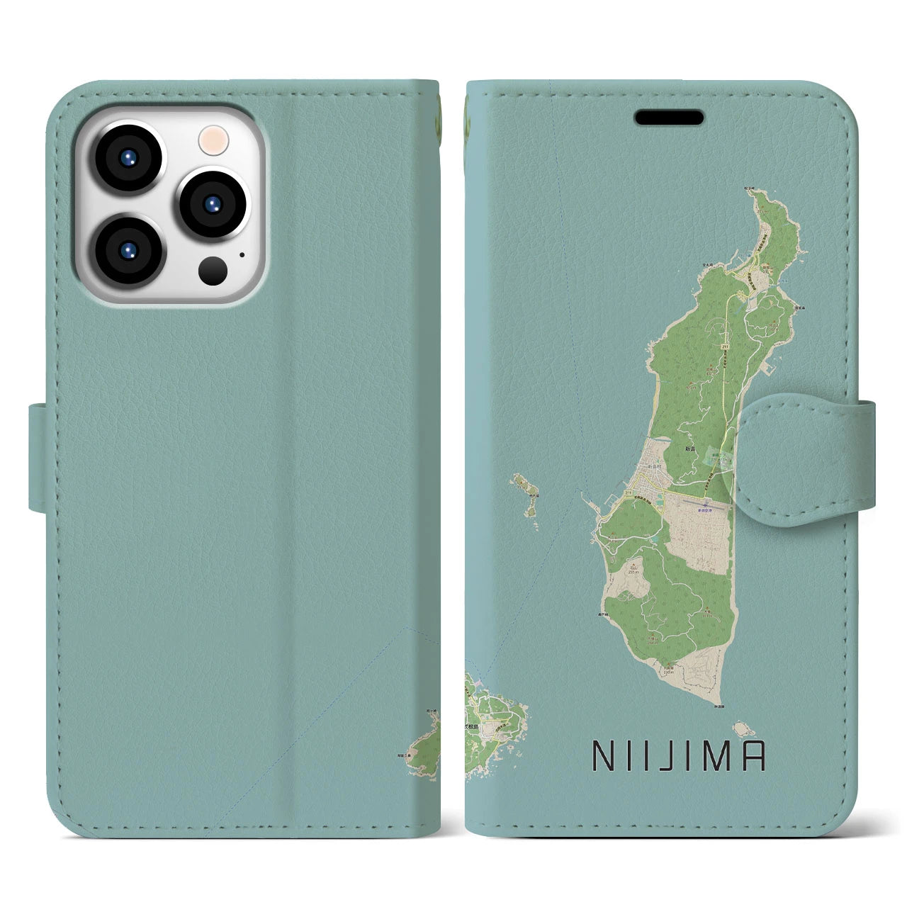 【新島(東京都)】地図柄iPhoneケース(手帳タイプ)ナチュラル・iPhone 13 Pro 用