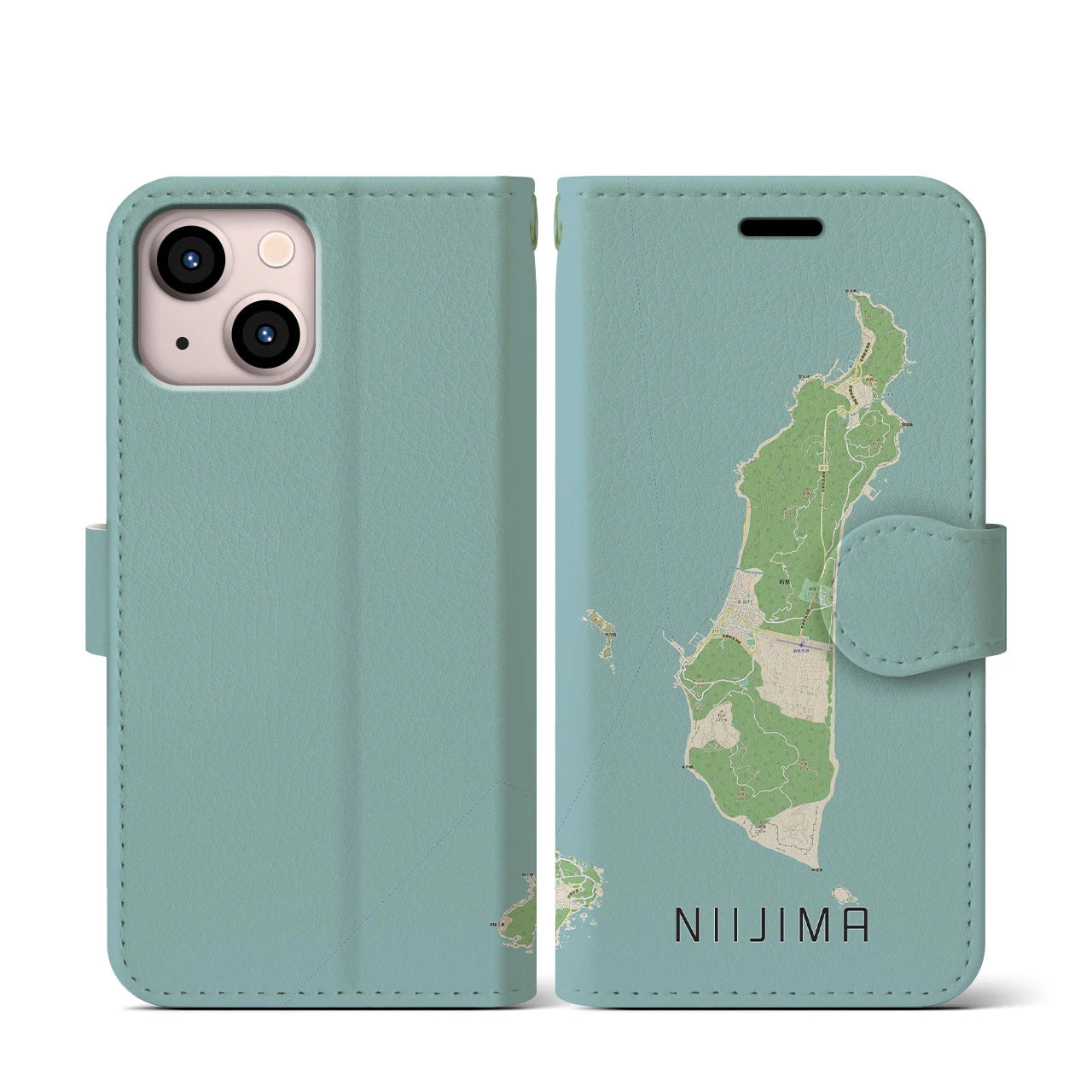 【新島(東京都)】地図柄iPhoneケース(手帳タイプ)ナチュラル・iPhone 13 mini 用