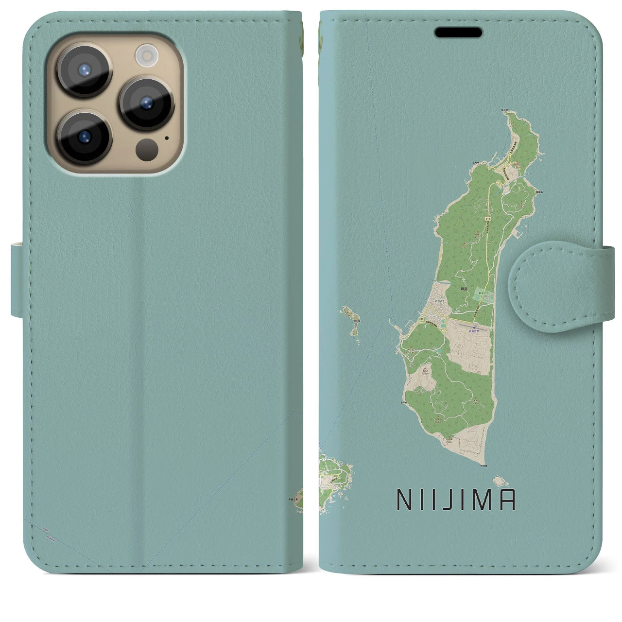 【新島(東京都)】地図柄iPhoneケース(手帳タイプ)ナチュラル・iPhone 14 Pro Max 用