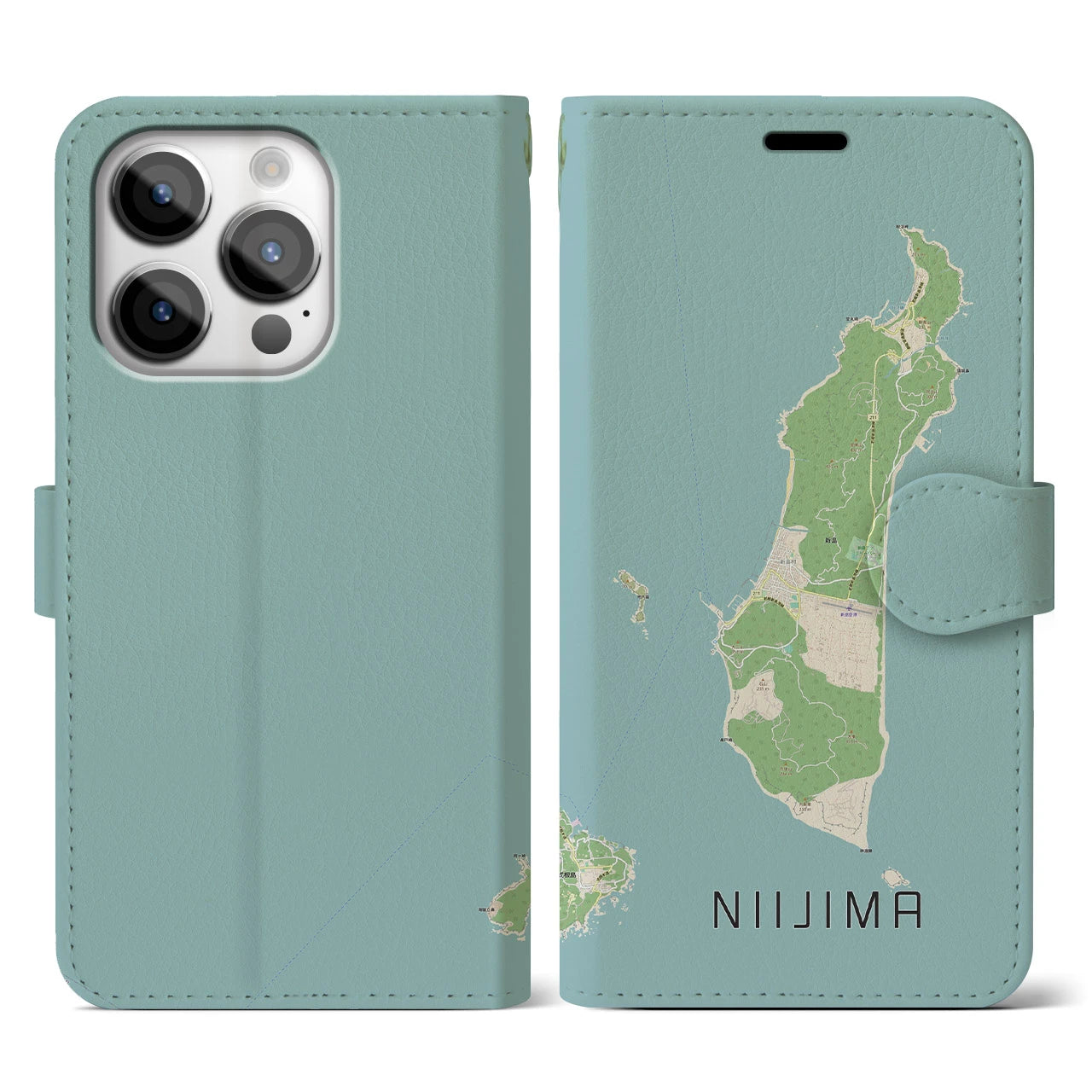 【新島(東京都)】地図柄iPhoneケース(手帳タイプ)ナチュラル・iPhone 14 Pro 用