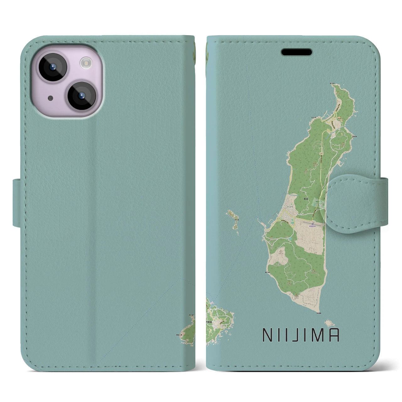 【新島(東京都)】地図柄iPhoneケース(手帳タイプ)ナチュラル・iPhone 14 用