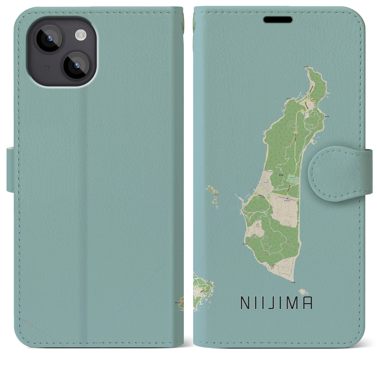 【新島(東京都)】地図柄iPhoneケース(手帳タイプ)ナチュラル・iPhone 14 Plus 用