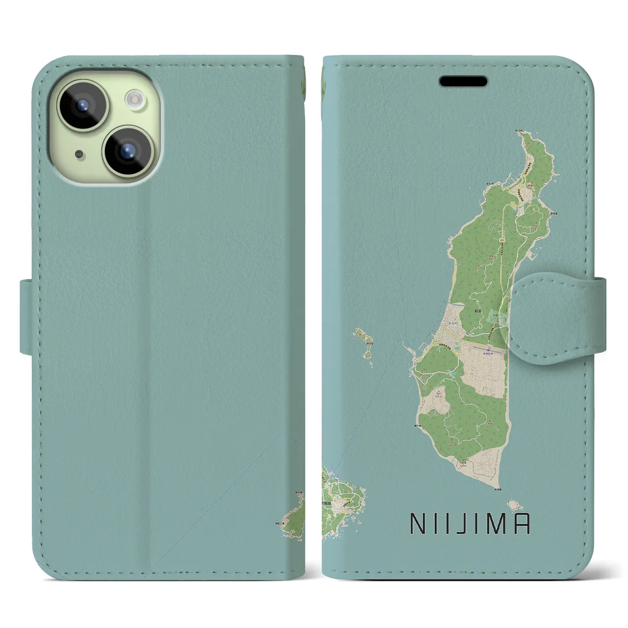 【新島(東京都)】地図柄iPhoneケース(手帳タイプ)ナチュラル・iPhone 15 用