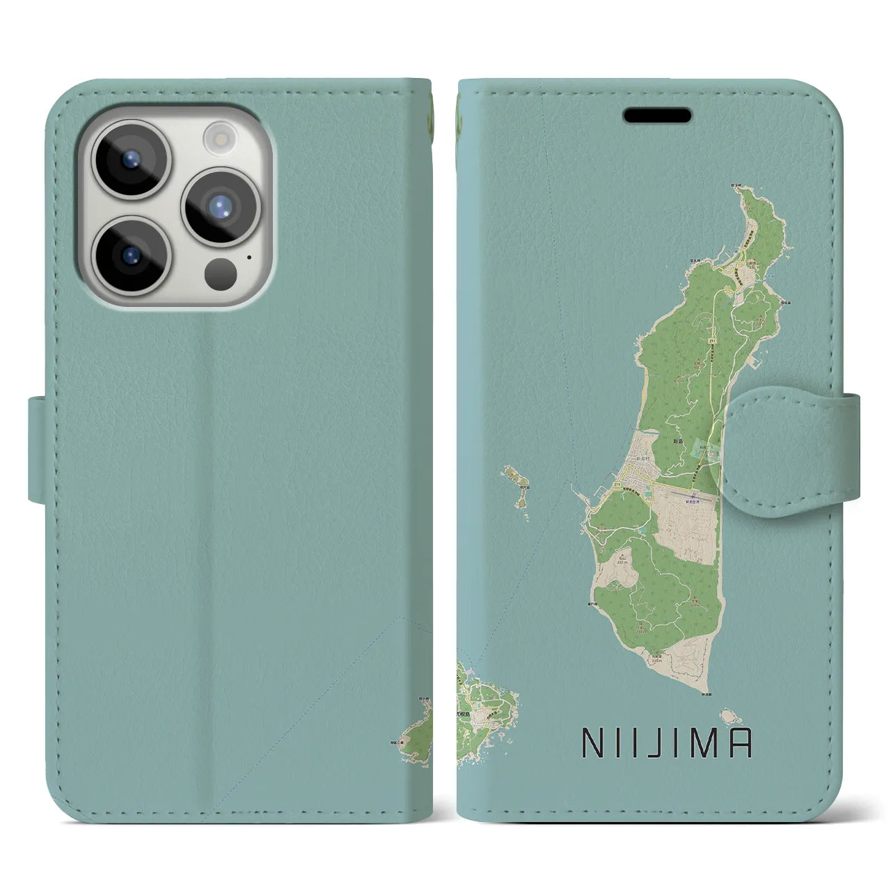 【新島(東京都)】地図柄iPhoneケース(手帳タイプ)ナチュラル・iPhone 15 Pro 用