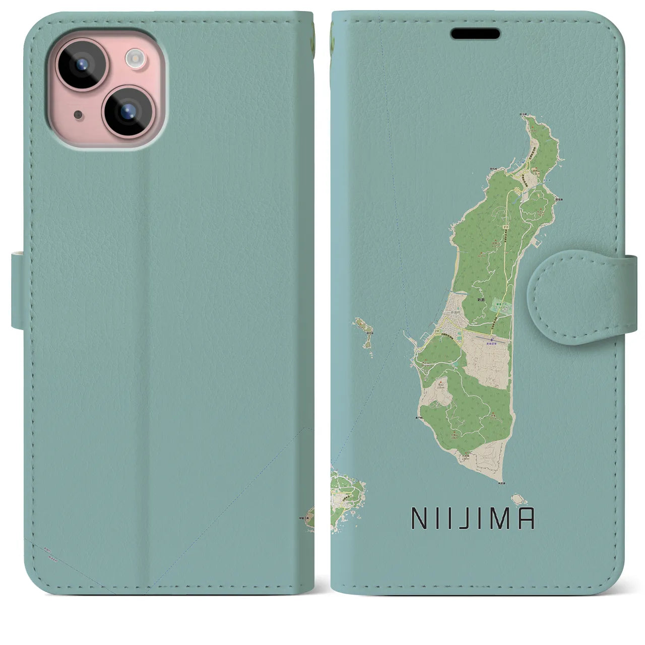 【新島(東京都)】地図柄iPhoneケース(手帳タイプ)ナチュラル・iPhone 15 Plus 用