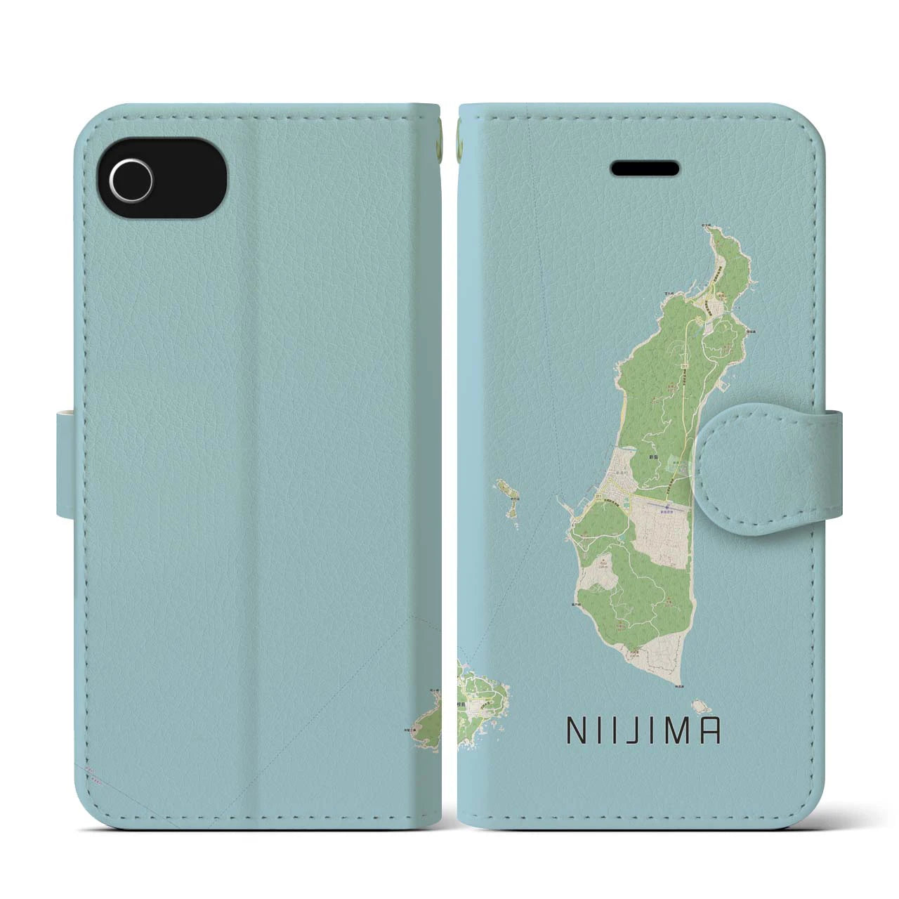 【新島(東京都)】地図柄iPhoneケース(手帳タイプ)ナチュラル・iPhone SE(第3 / 第2世代) / 8 / 7 / 6s / 6 用