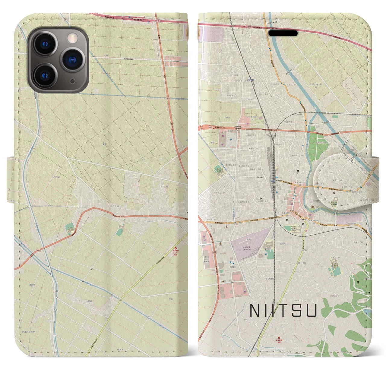 【新津(新潟県)】地図柄iPhoneケース(手帳タイプ)ナチュラル・iPhone 11 Pro Max 用