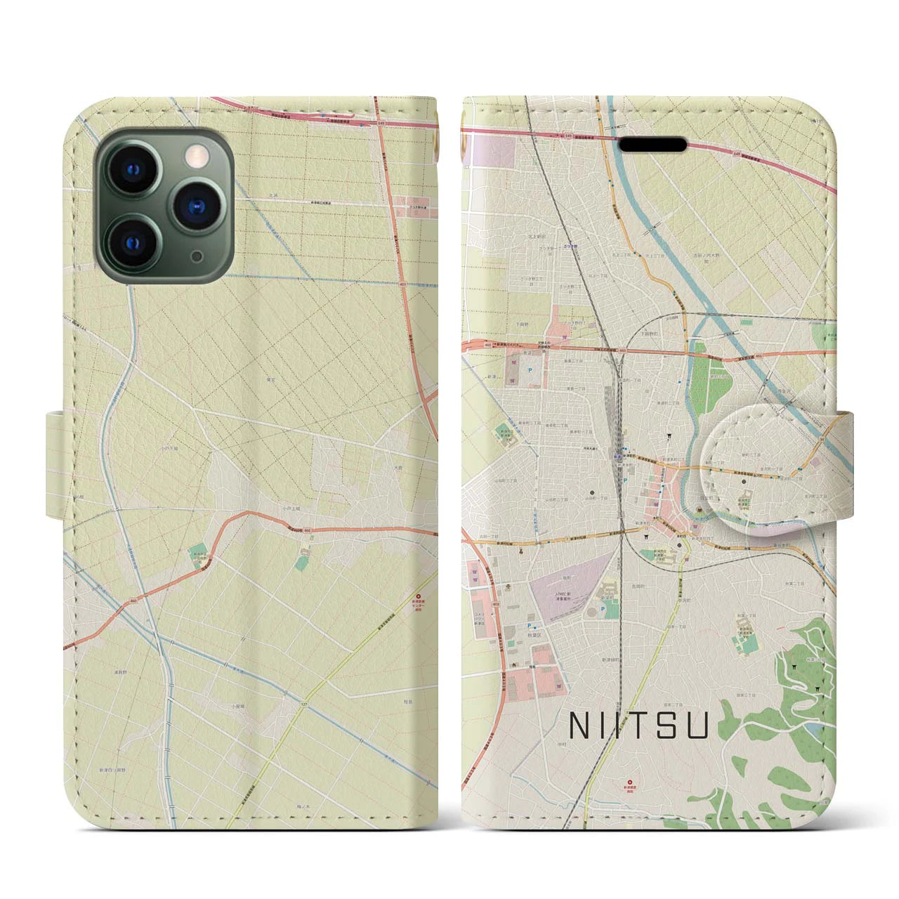 【新津(新潟県)】地図柄iPhoneケース(手帳タイプ)ナチュラル・iPhone 11 Pro 用