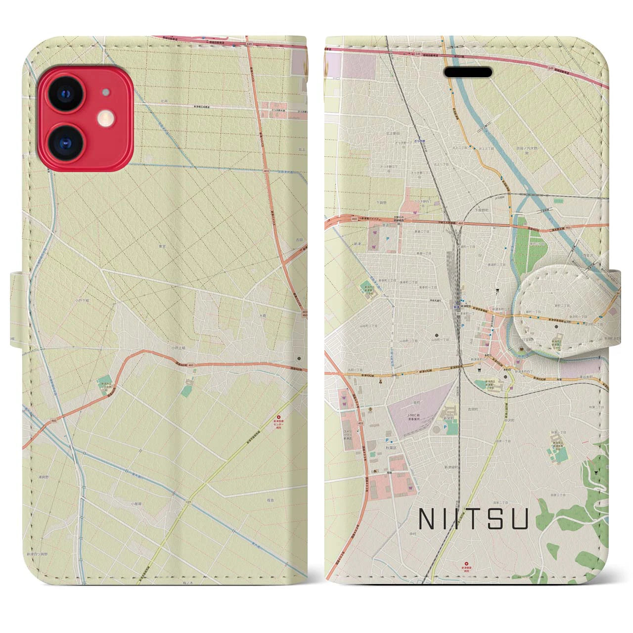 【新津(新潟県)】地図柄iPhoneケース(手帳タイプ)ナチュラル・iPhone 11 用