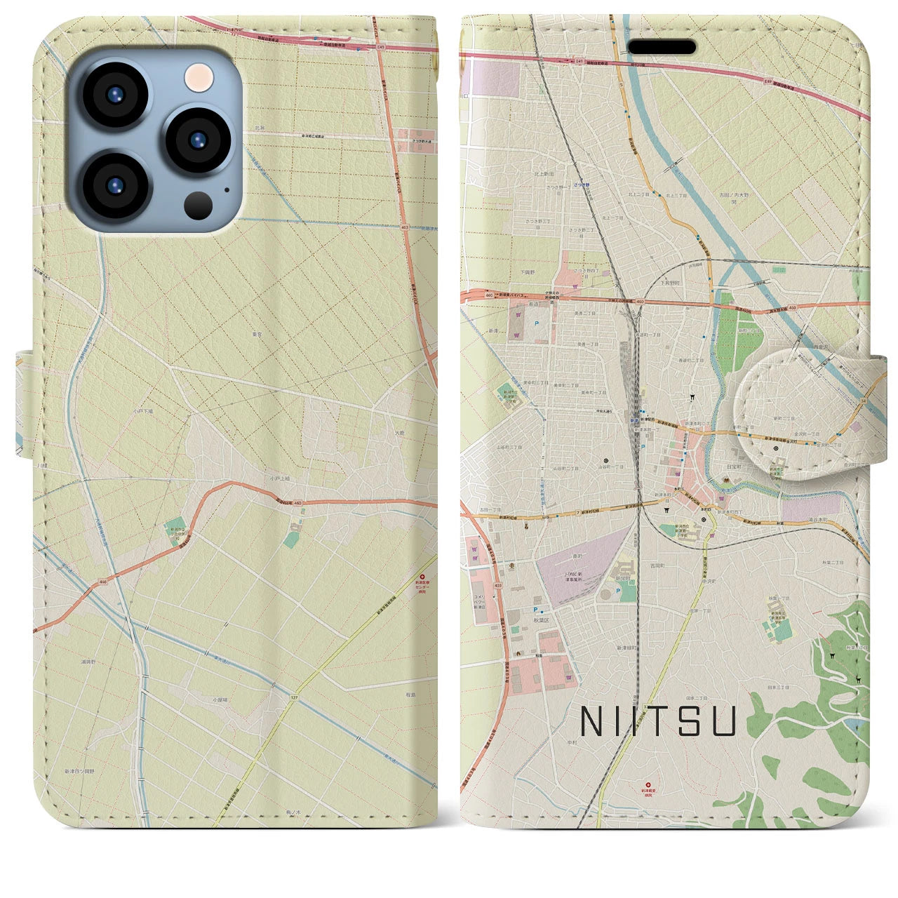 【新津(新潟県)】地図柄iPhoneケース(手帳タイプ)ナチュラル・iPhone 13 Pro Max 用