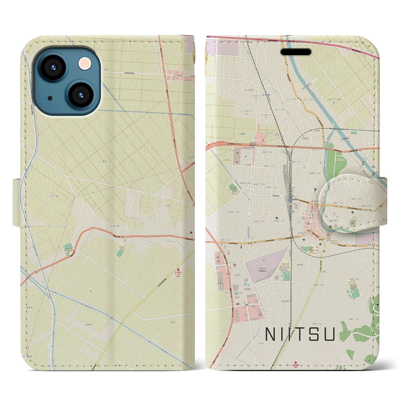 【新津(新潟県)】地図柄iPhoneケース(手帳タイプ)ナチュラル・iPhone 13 用