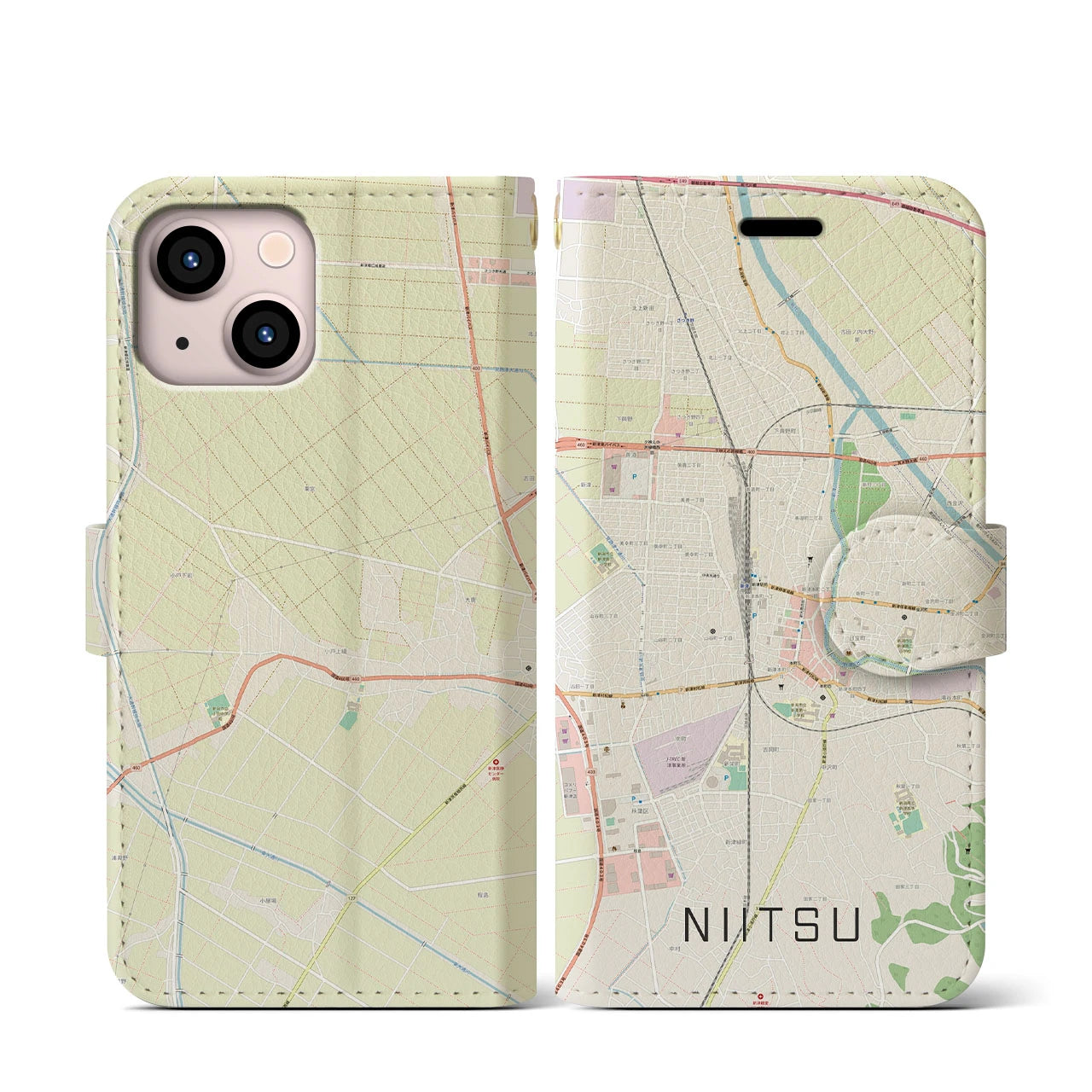 【新津(新潟県)】地図柄iPhoneケース(手帳タイプ)ナチュラル・iPhone 13 mini 用