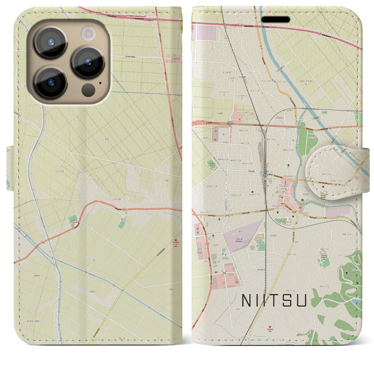 【新津(新潟県)】地図柄iPhoneケース(手帳タイプ)ナチュラル・iPhone 14 Pro Max 用