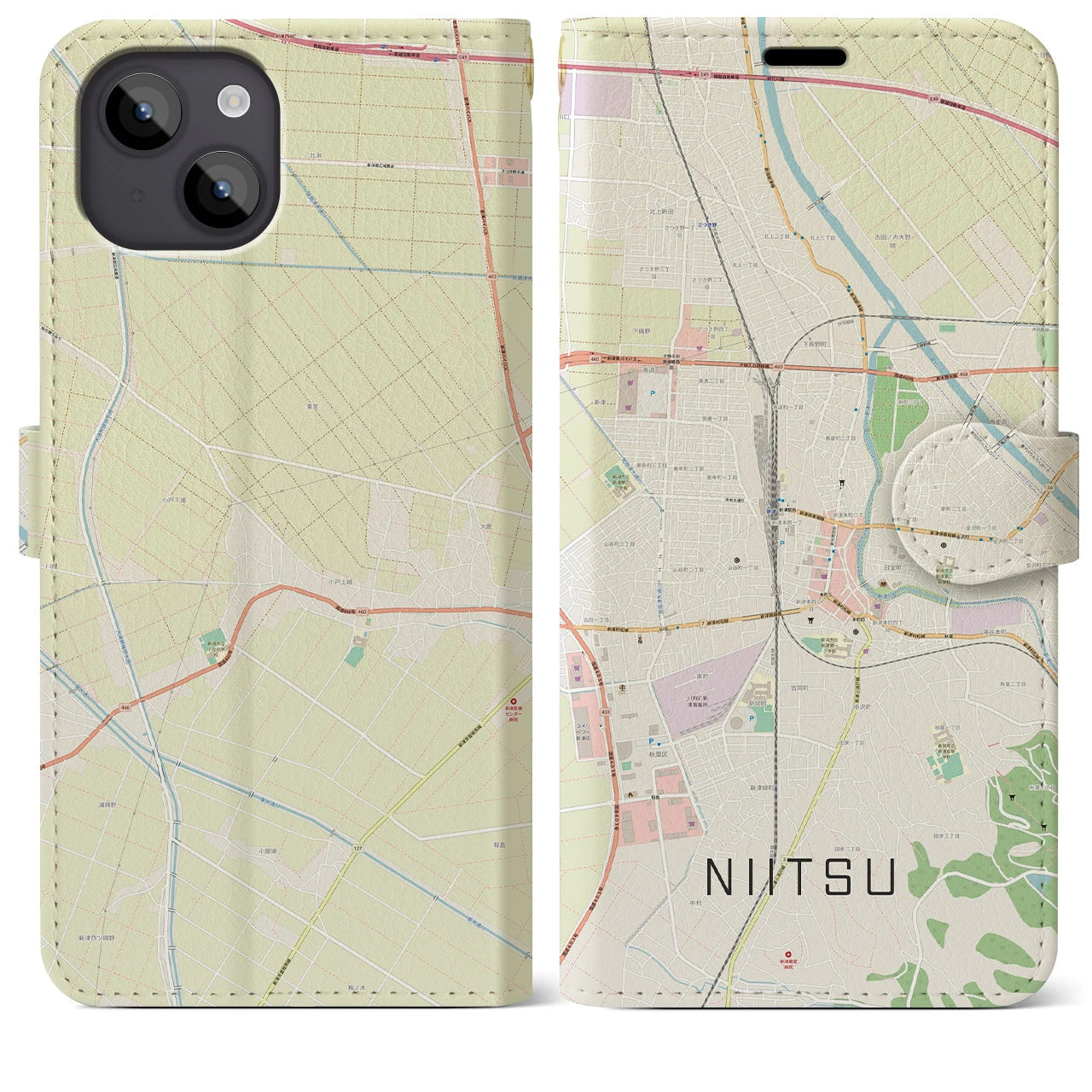 【新津(新潟県)】地図柄iPhoneケース(手帳タイプ)ナチュラル・iPhone 14 Plus 用